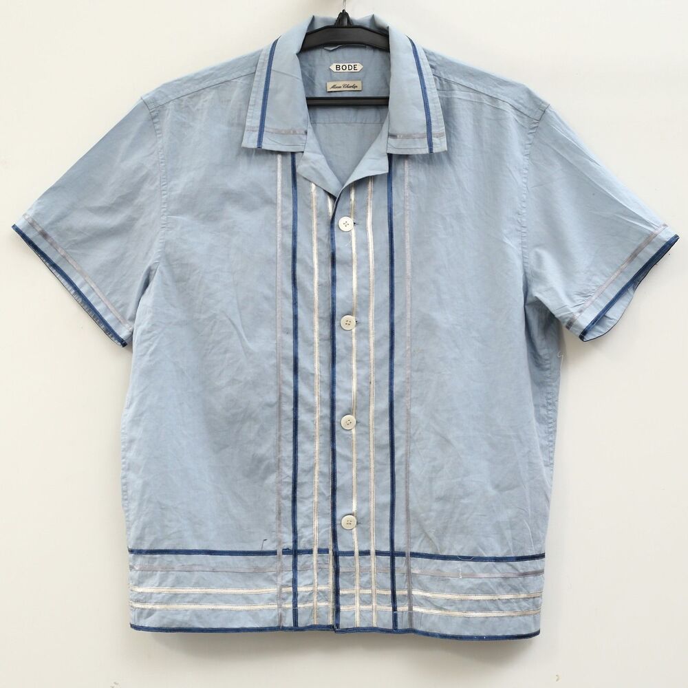 Bode Ribbon Plaid Short Sleeve Men's Shirt Cotton Buttondown Blue S 287721